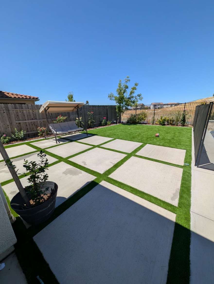 The fenced backyard with lawn, patio, shade swing, and a young tree