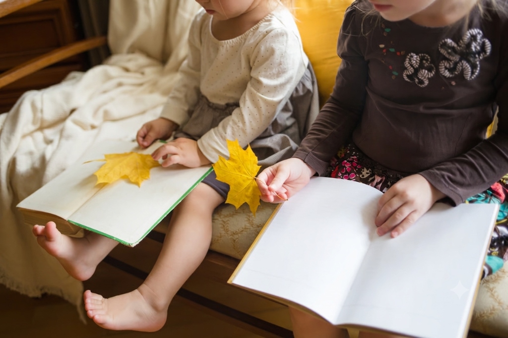 Children sitting together reading books with yellow leaves